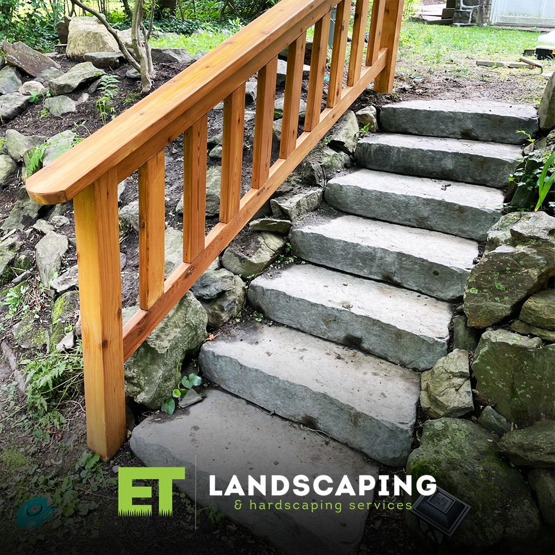 ET Landscaping Project: Stone Steps & Railing in Delaware County, PA