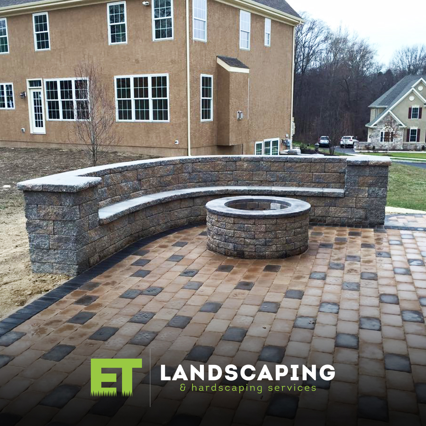 ET Landscaping Project: Wall with Fire Pit & Bench in Delaware County, PA